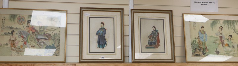 Chinese School, pair of gouache, Studies of courtiers, 32 x 22cm and a pair of watercolour studies of scenes from folklore, 37 x 53cm